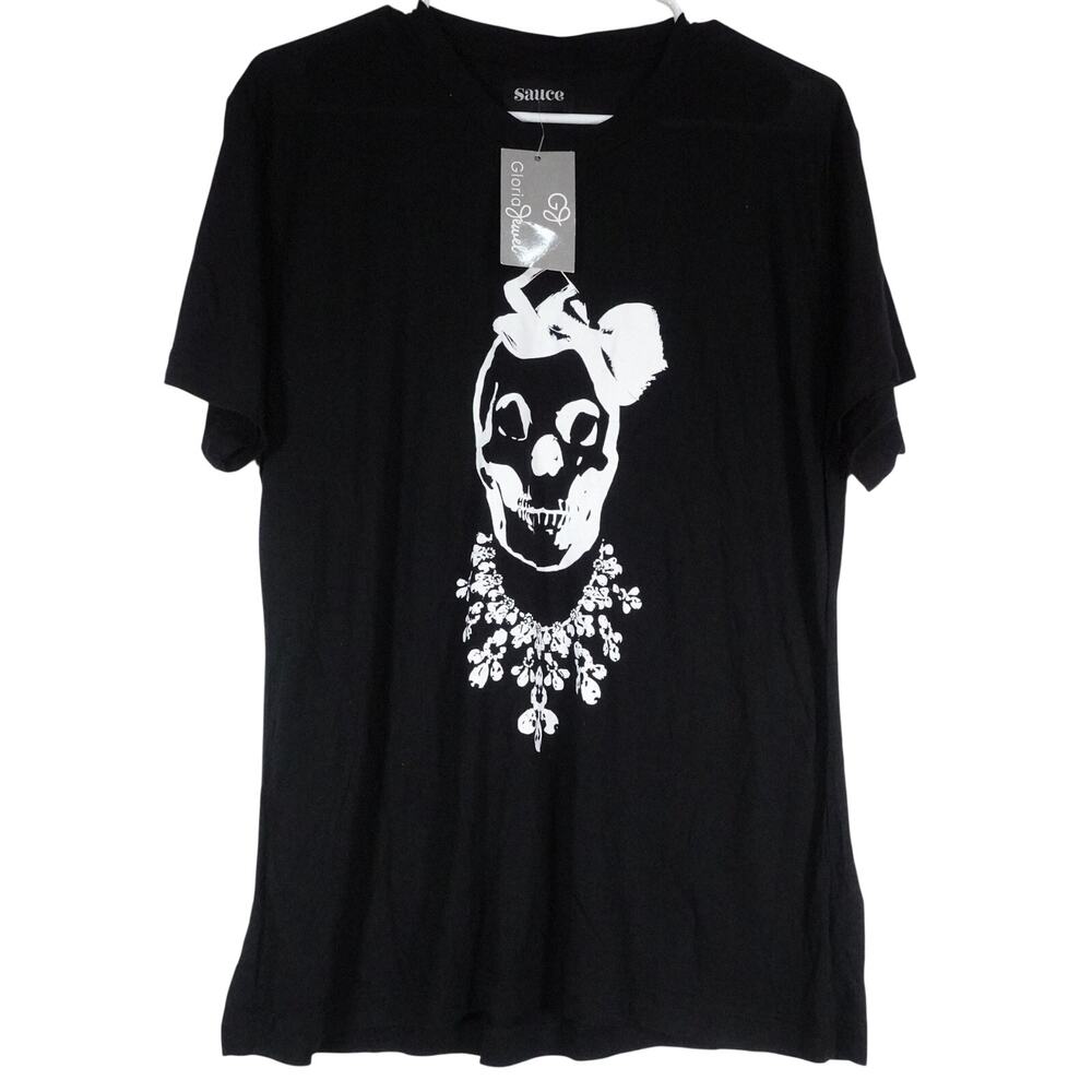 New Gloria Jewel Sauce Women's Large Black Bow Skull Tee Modal Soft Casual $70